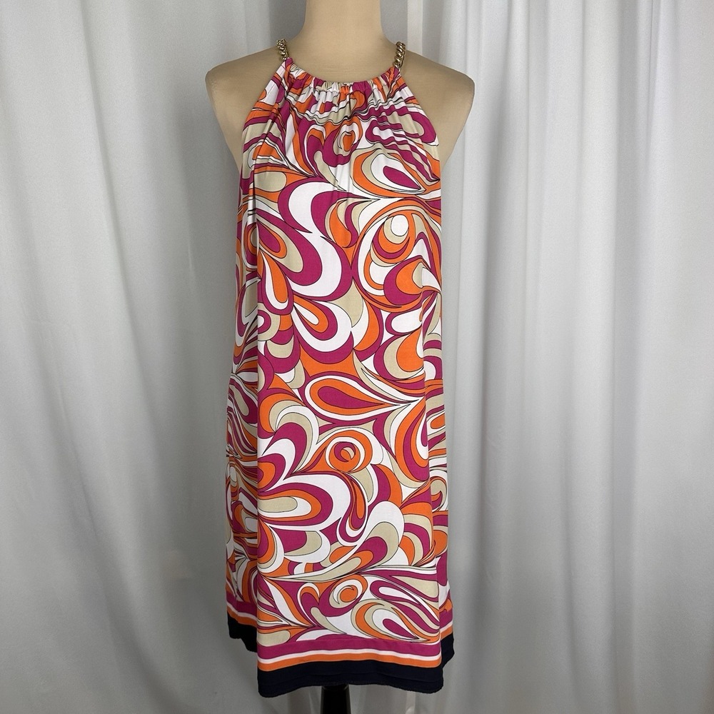Michael Kors Womens Jersey Shift Dress Sz M Stretch Chain Shoulder Colorful READ